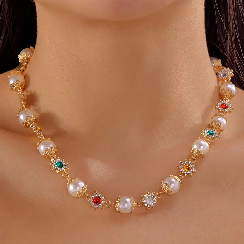 IFYOUOO Luxury Shinny Colorful Rhinestone Short Necklace Women Imitation Pearl Choker Jewelry Collar Wed Bridal Goth