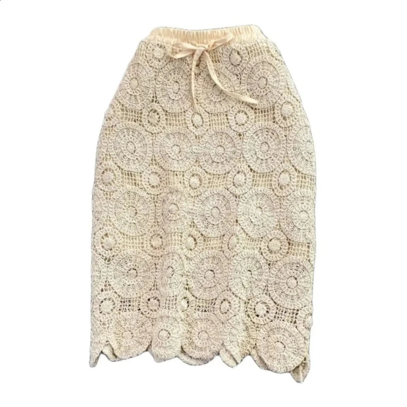 Mini Womens Knitted Leather 2024 Retro SpringSummer High Waist Hollow Hooked Lace Rok ROPA Mujer 250407