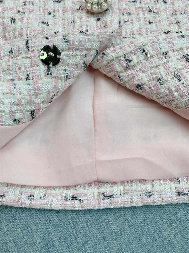 SS Fashion Tweed Women Two Pieces Sets Short Coat Midi Skirt With Beedings 251106