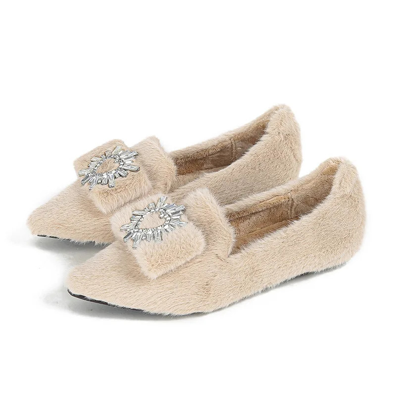 Rhinestone Shoes Woman Plush Fur Shoes Winter Cotton Wool Ballets Pointy Toe Boat Loafers Ladies Fluffuy Mink Furry Flats 251110