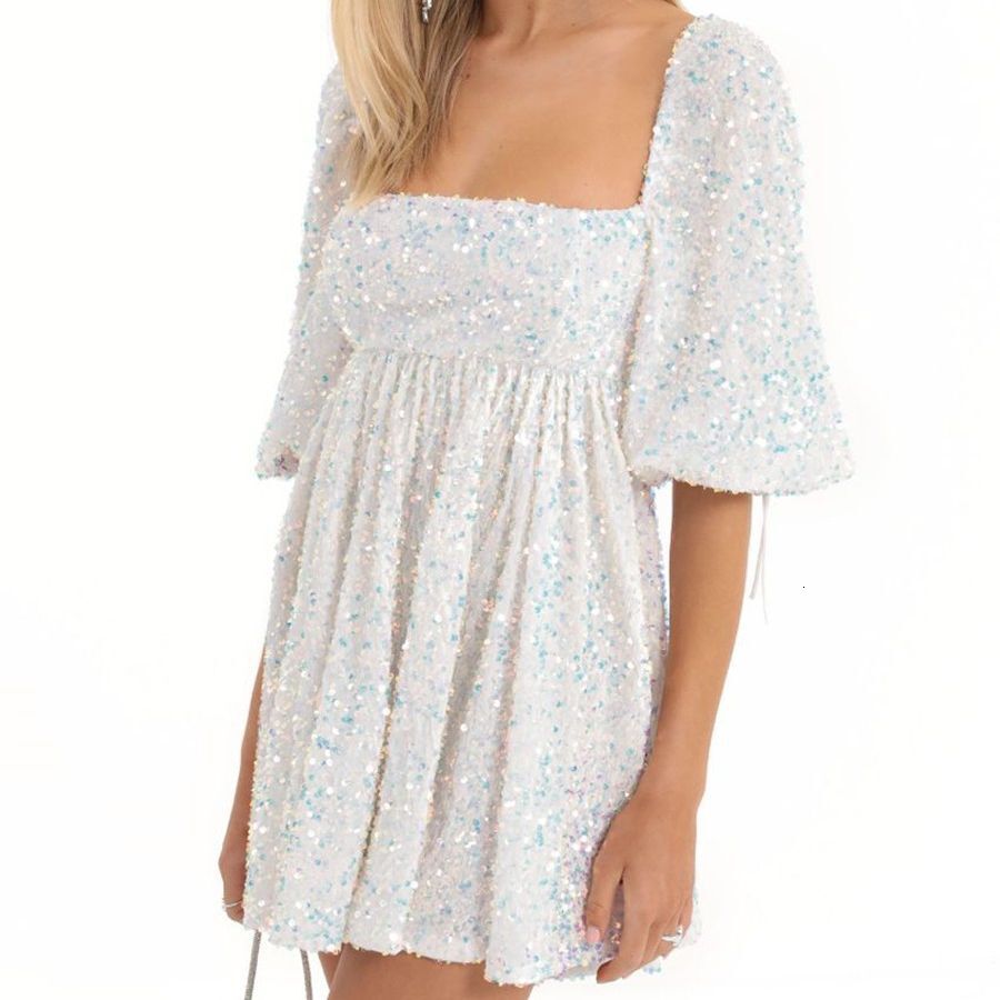 Large loose version sequined skirt, summer casual style square neck short sleeved solid color big swing dress