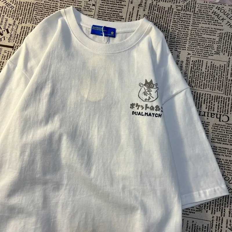 Summer Japanese retro pocket cat cartoon printed short sleeved T-shirt for couples unisex university style oversized top M250411