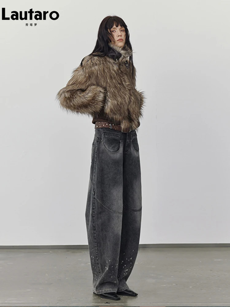 Lautaro Autumn Winter Short Warm Thick Hairy Shaggy Patchwork Faux Raccoon Dog Fur Coat Women Zipper Fluffy Jacket 251105