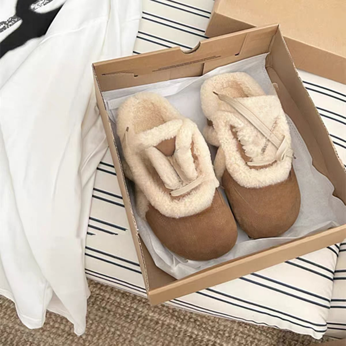 Designer suede lace up plush slippers comfortable autumn and winter new warm cotton shoes designer shoes