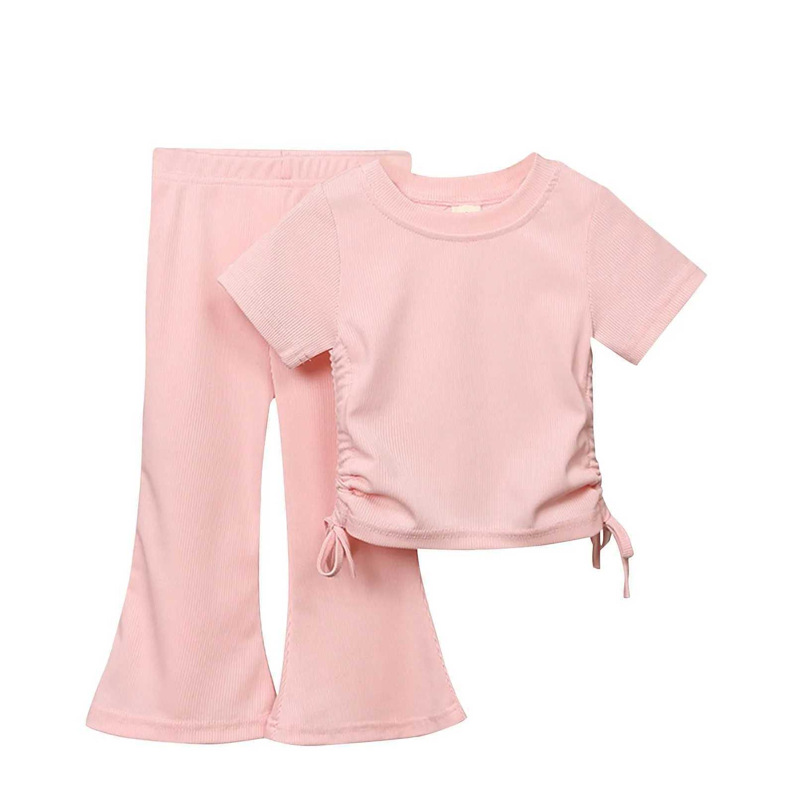 New Korean short sleeved set summer solid color floral top+flash pants thin casual two-piece set suitable for girls aged 2-8XJ250410