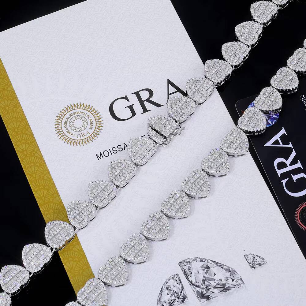 NUOYA 12mm Iced Out Baguette Moissanite Clustered Tennis Chain 925 Sterling Silver Heart Shape Tennis Chain Necklace for Women