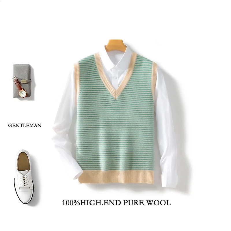 100 pure wool sleeveless vest for mens work in spring and autumn striped color matching knitted 250411Z