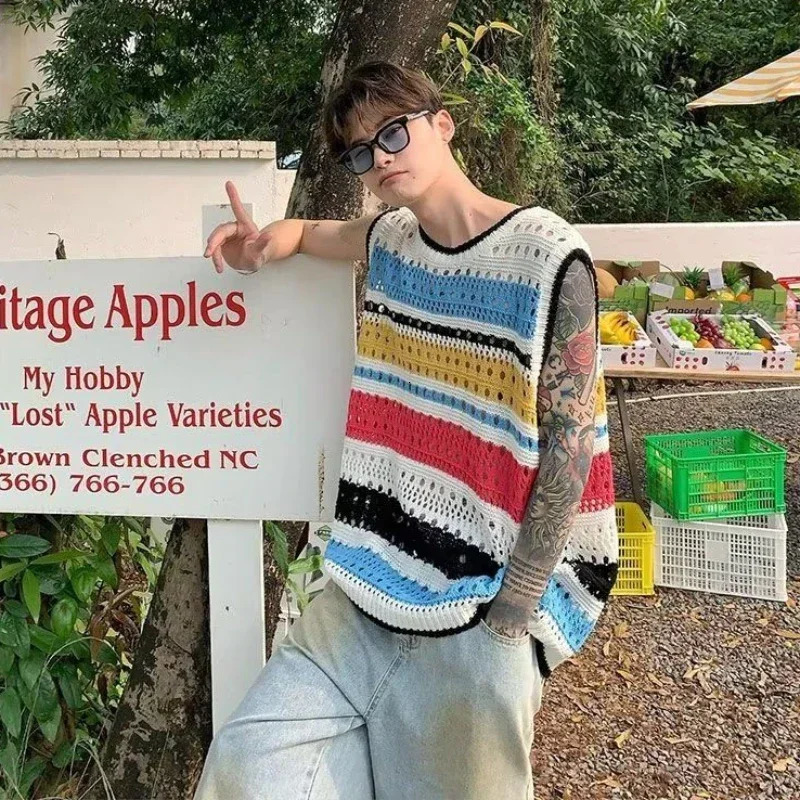 Knitted Sweaters for Men Waistcoat Mesh Striped Sleeveless Man Clothes Vest Green Maletry Warm Overfit Spring Autumn In Fun 251104