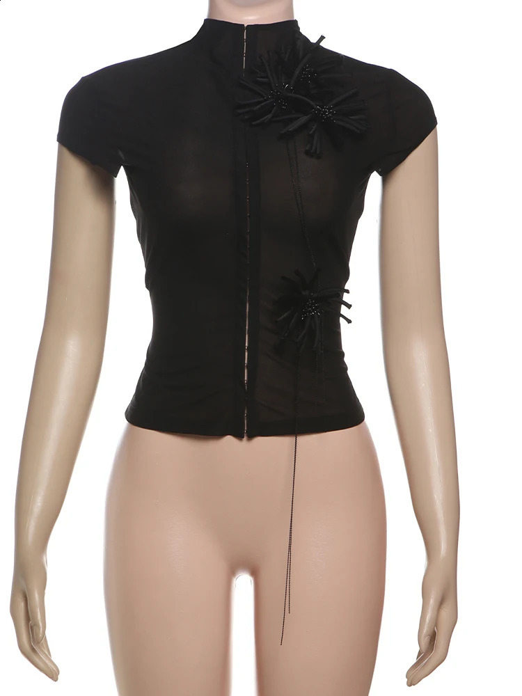 Weird Puss Tassel Applique Crop Tops Women Single-Breasted Half-High Neck Tassel Midnight tie Versatile Street Skinny T-Shirt 250409