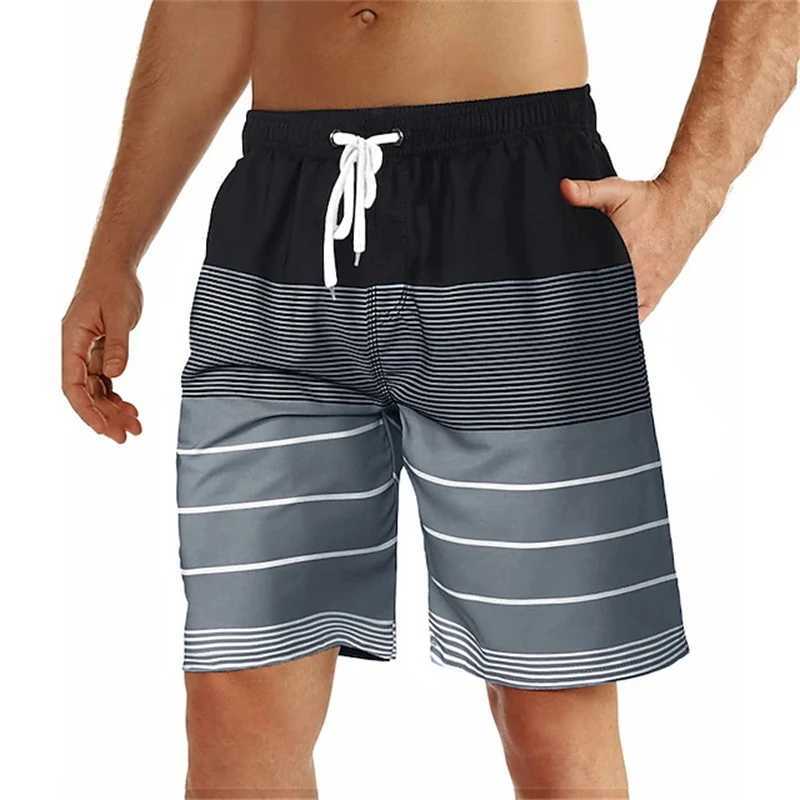 Summer mens swimming shorts mens 3D printed color striped graphics fast drying swimming relay casual Hawaiian shorts daily sports shortsW250410