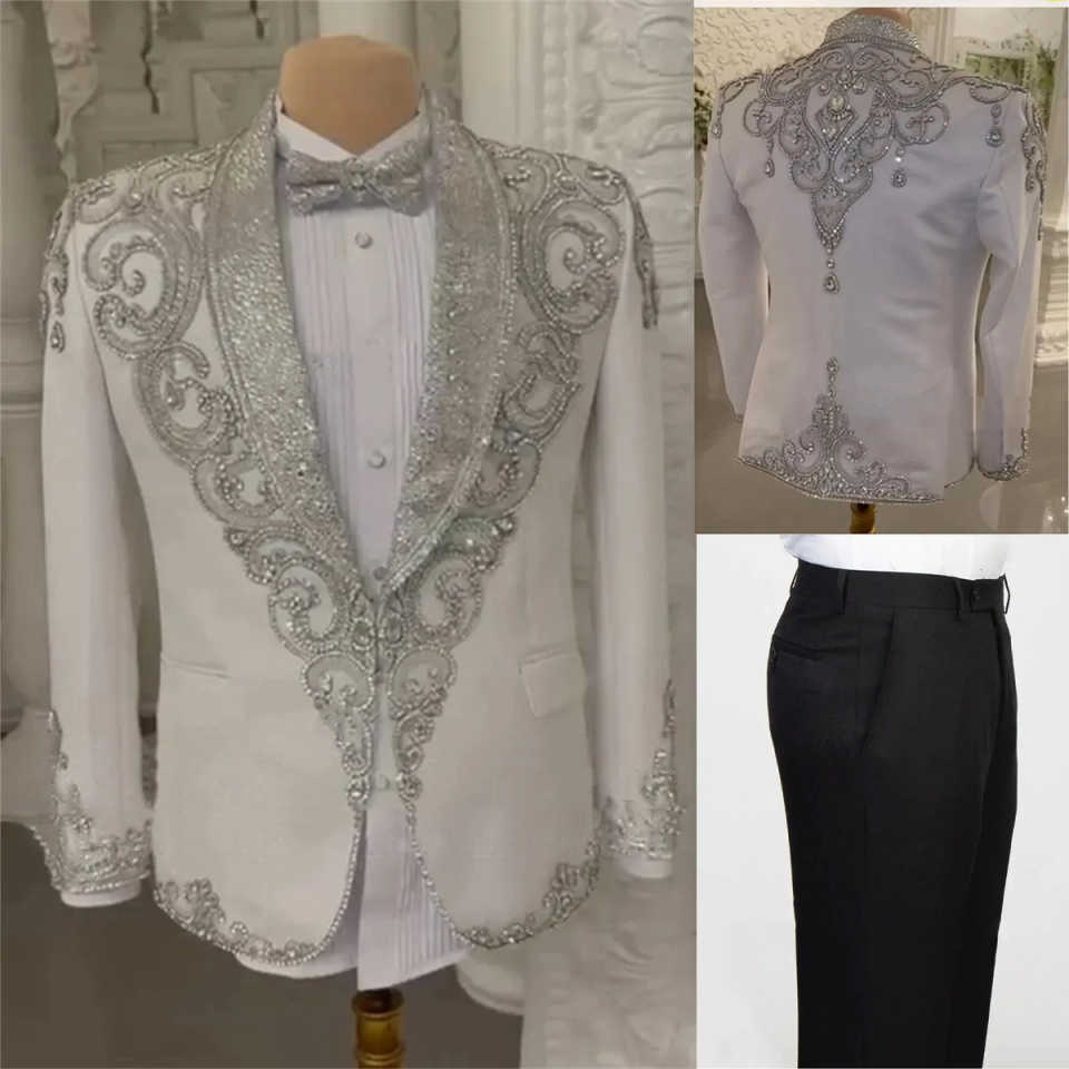 Luxurious Beaded Wedding Tuxedos Crystal 2 Piece Set Jacket Pants Shawl Lapel Men Suit Noble Trim Fit Party Suits Customized