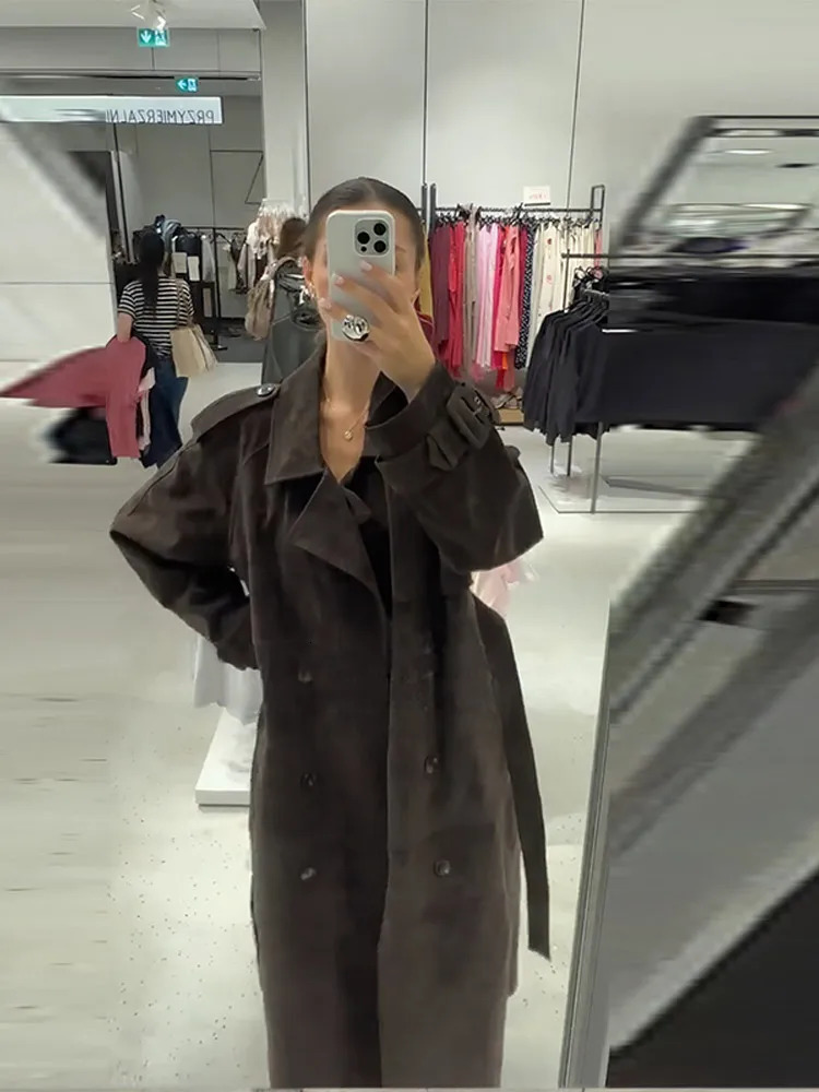 Suede Vintage Belts Long Jacket Women Double Breasted Loose Turn-down Collar Long Sleeve Autumn Coat Street Female Outwear 251106