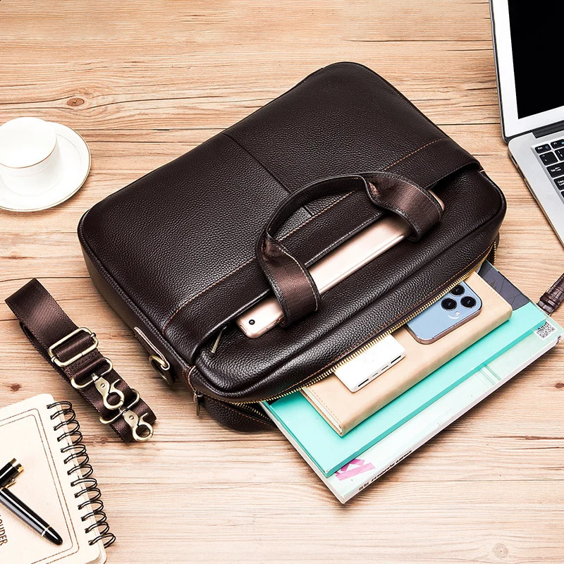 Mens leather handbag top layer cowhide brief case. Single shoulder diagonal cross large capacity computer bag business bag. 250410