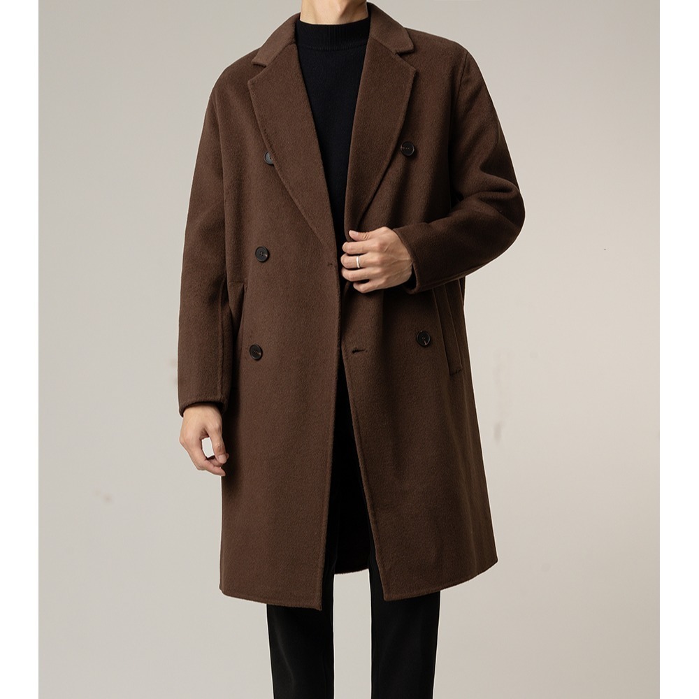 Loose French Style Elegant Trench Coat for Men, Fashionable Double-Breasted Autumn and Winter Light Mature Style Trendy Drop Shoulder Men's Wool 