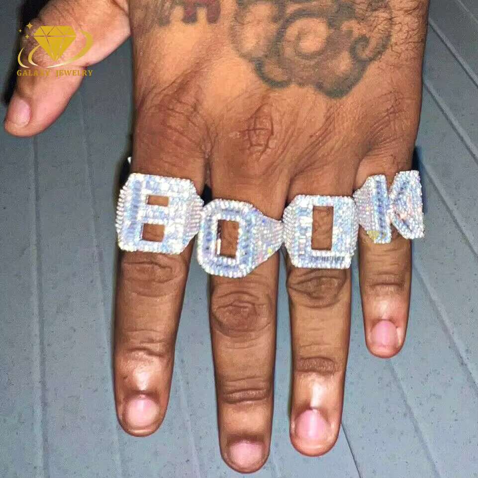 Custom Letter Ring Mens Jewelry Iced Out Hip Hop Jewelry A-Z Initial Moissanite Baguette Diamond Big 26 Letters Ring