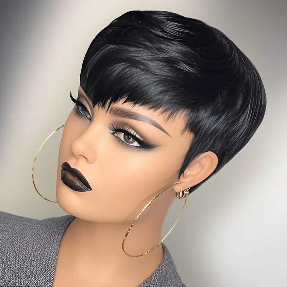 6inch Short Pixie Cut Straight Wig 100 Human Hair for Women Machine Made with Pre-Styled Bangs Tangle-Free Natural HairlineT251111