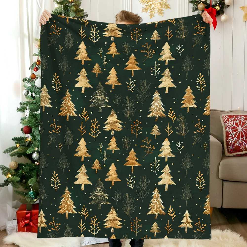 Christmas Elements 1pc Vintage golden texture cedar snowflakes Christmas tree Christmas print blanket soft and warm blanket C251111