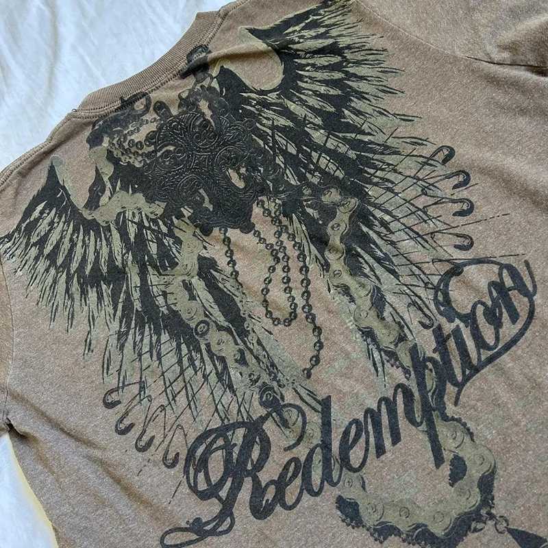 Harajuku Shopping Center Gothic retro crop top graphic wing network T-shirt Y2K Grunge retro short sleeved T-shirt Japanese womens clothing M250411