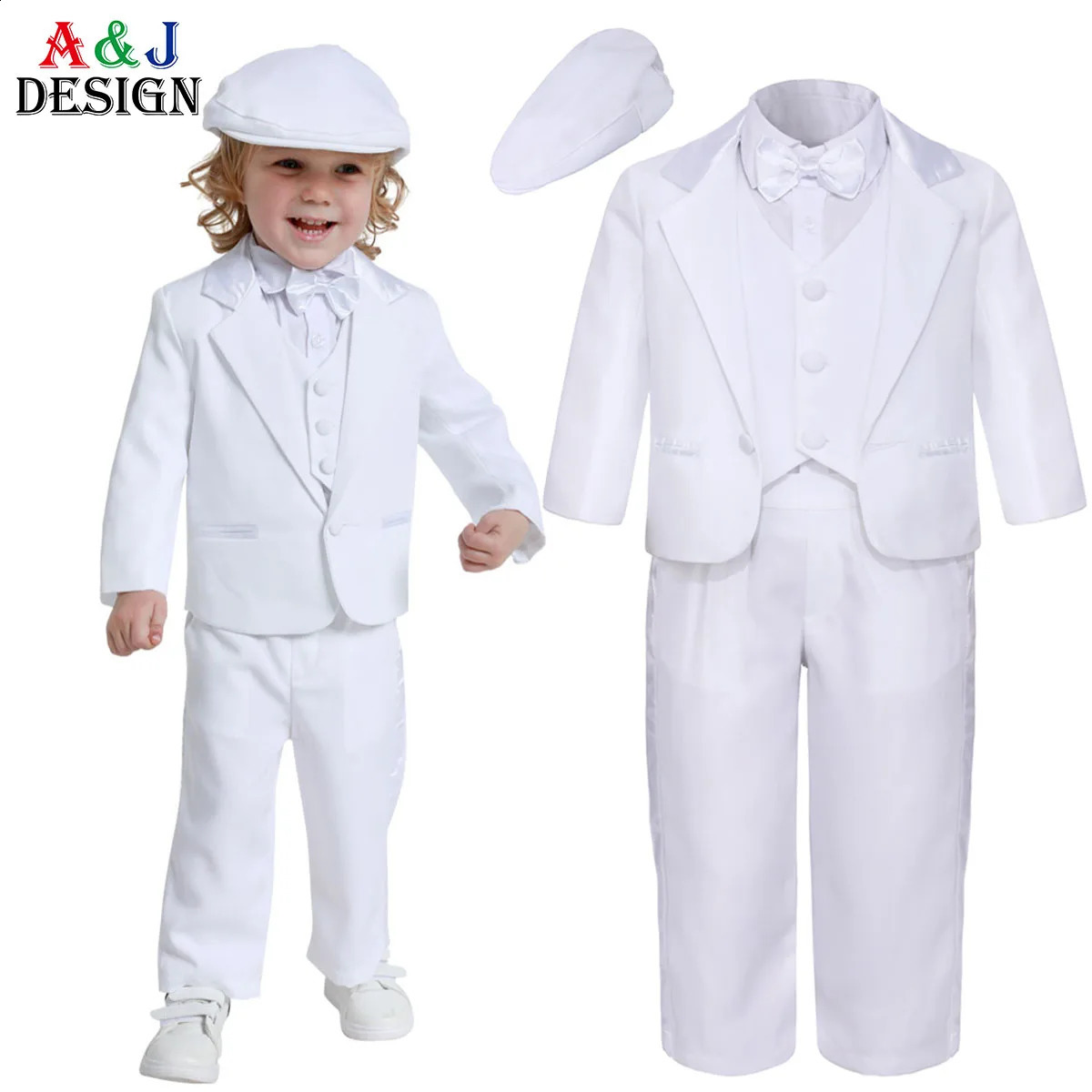 Baby Boy Baptism Outfit Infant White Christening Suit with Hat Toddler Wedding Birthday Party Clothing Long Sleeved Tuxedo 5PCS 250410