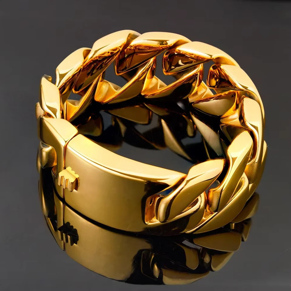 Hip hop 32mm wide 304 stainless steel bracelet trendy charm mens bracelet electroplated gold color Miami Cuban chain 250408