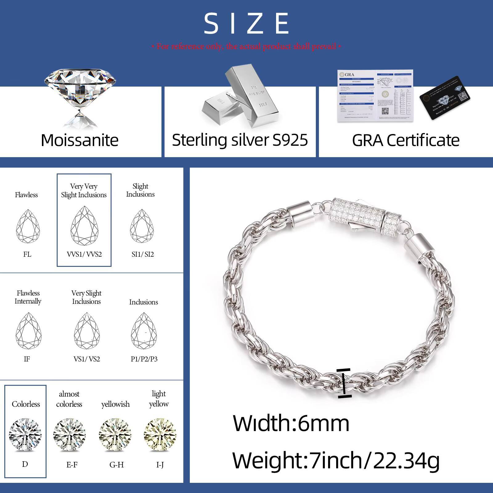 Handcraft Hip Hop Jewelry 6mm 12mm White Gold 925 Sterling Silver VVS Moissanite Buckle Twisted Rope Chain Bracelet for Men