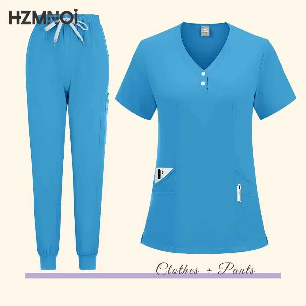 Women Medical Uniforms Elastic Scrubs Sets Hospital Surgical Workwear Short Slve Top Pants Nursing Accessories Doctors Clothes X250410