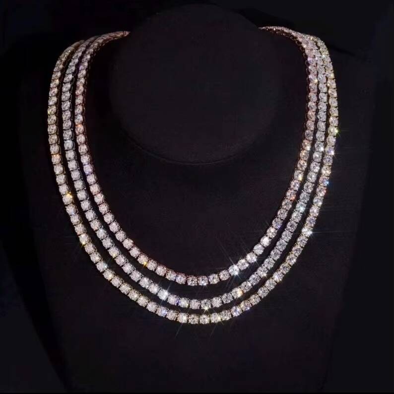 Rinntin MON Cheapest Wholesale Factory Price 2MM 3MM 4MM Hip Hop Moissanite Diamond Tennis Chain Silver Necklace