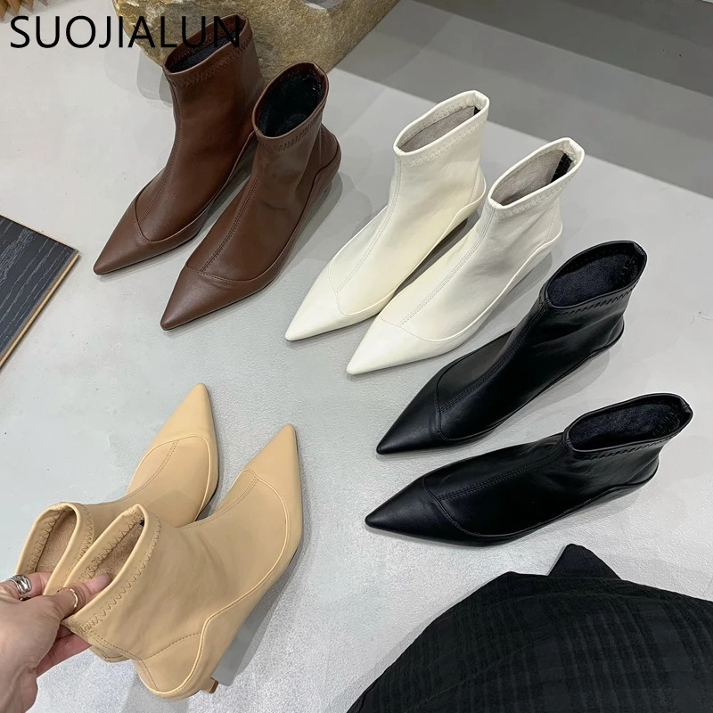 SUOJIALUN Winter Thin Low Heel Women Ankle Boots Fashion Pointed Toe Slip On Chelsea Boots Shoes Soft Leather Short Boots 251110