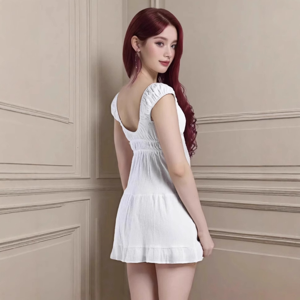 Summer New Women's Solid Color Sweet Strap High Waist Large Swing Cotton pleated Dress
