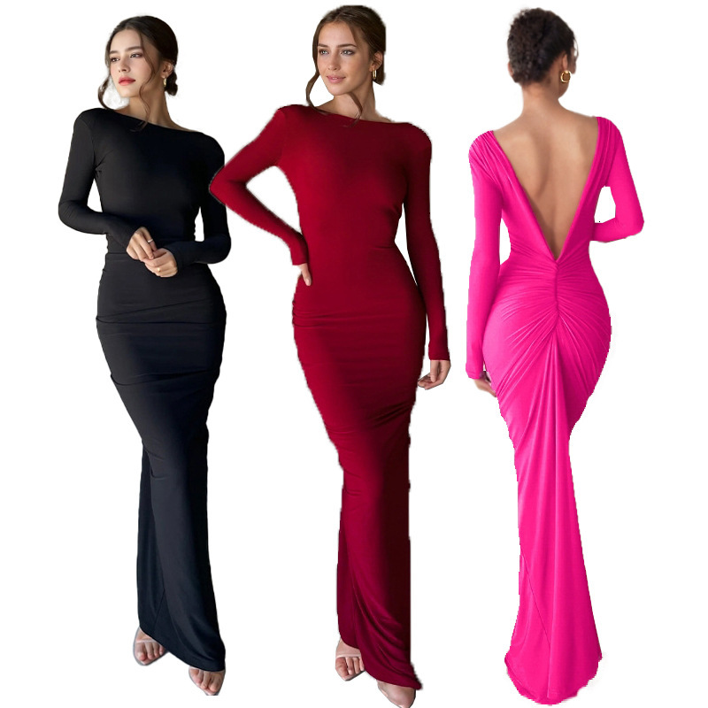 New women's French long sleeved sexy deep V-neck pleated slim fit dress for two high waisted dresses