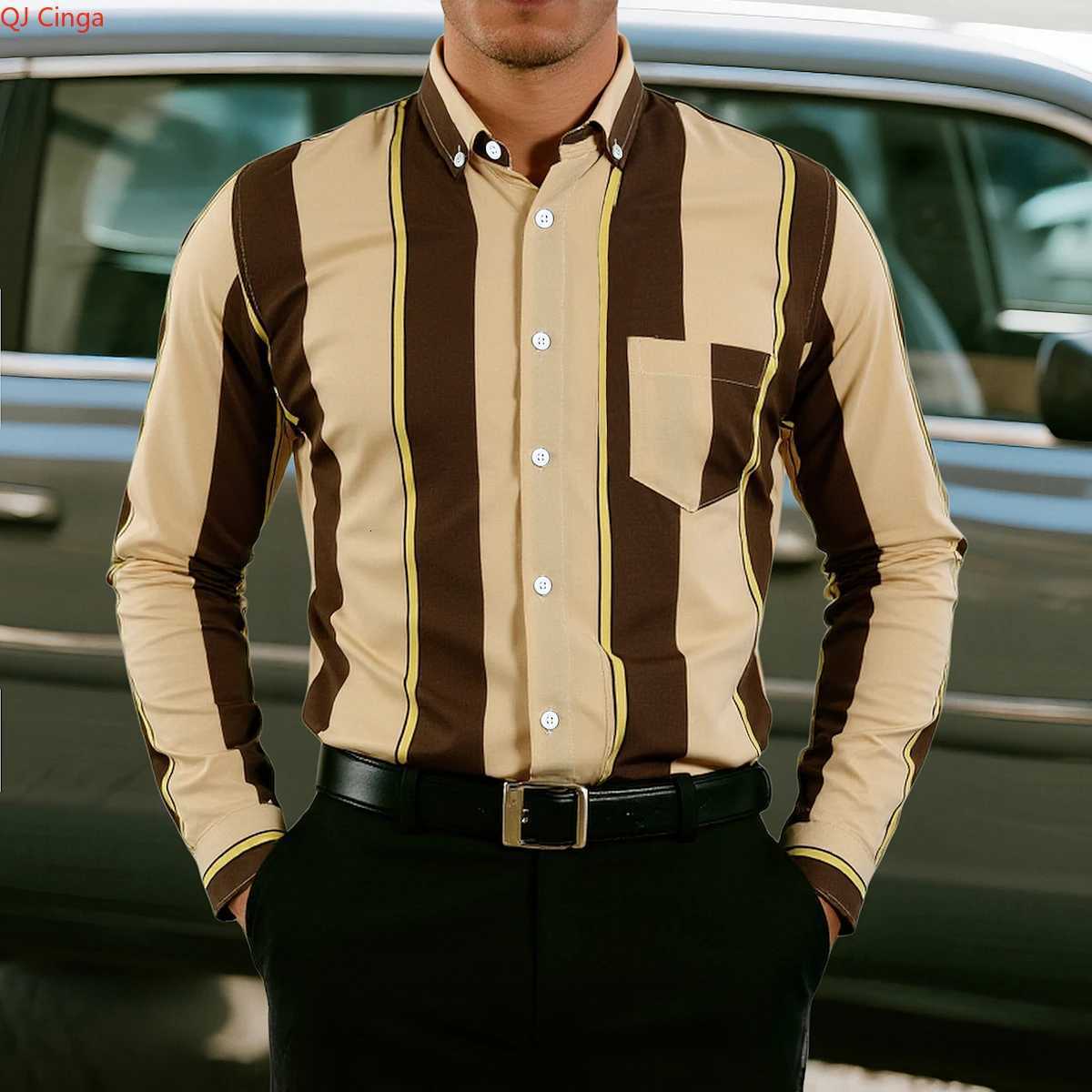 Black Striped Mens Long-Sleeve Shirt Asian Size Single-Button Collar Shirt Available in White Blue Red and Gray K251110