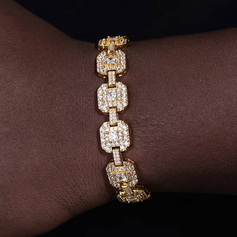 Luxury Hip Hop Jewelry 12mm Gold Plated 925 Sterling Silver VVS Moissanite Diamond Square Shaped Fashion Bracelet for Men Women