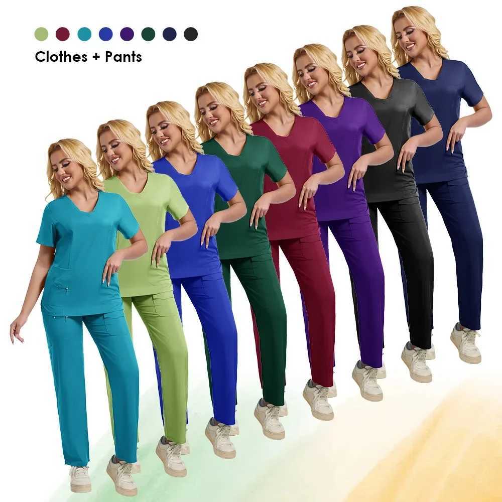 Scrubs Medical Uniforms Women Hot Selling Solid Color Nurse Doctor Uniform Unisex Veterinary Surgical Gowns Dental Scrub Set Men X250410