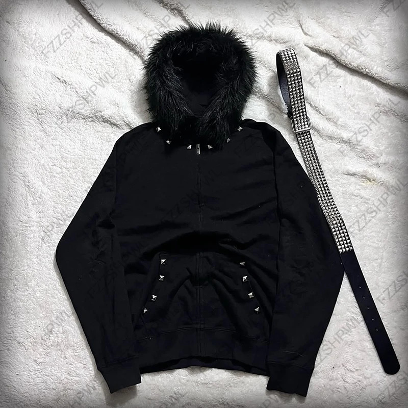 Rivet Punk Dark Faux Fur Collar Y2K Zip up hoodie Fashion Jacket Streetwear Hip Hop Zipper Hoodie sweatshirt Gothic Chic 251110