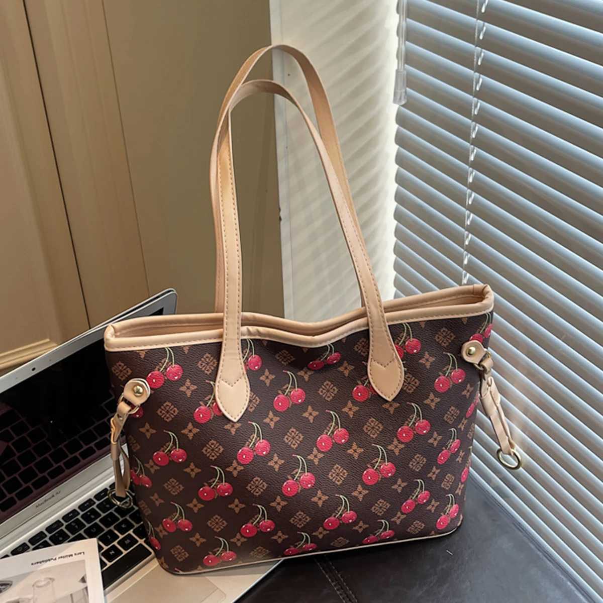 Women Fashion Shoulder Tote Bag Cherry Floral Print Solid Color Large Capacity PU Water Resistant Zipper Comfort Strap CommuteT251110