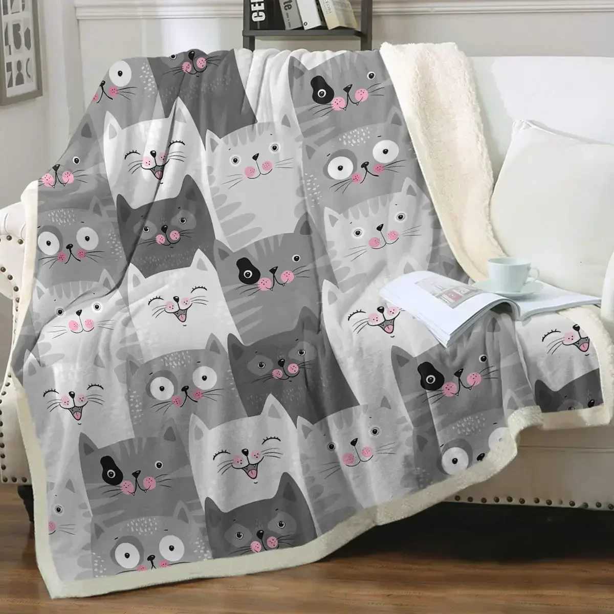 Grey and White Cats Blanket Plush Sherpa Flannel Throw Blankets for Couch Sofa Super Soft Blanket Bedroom TV Throw Blanket Full C251111