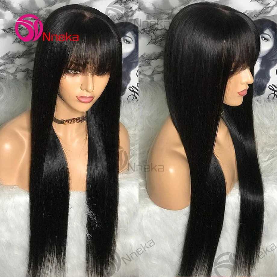 Bone Straight Human Hair Wig With Bangs For Women 30 Inch Brazilian 3x1 Lace Wigs Glueless Wig Human Hair Natural Black ColorT251111