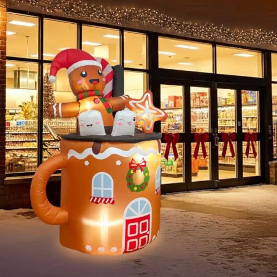 Christmas 6FT Christmas Inflatable Outdoor Decoration Featuring a Gingerbread Man in a Hot Cocoa Mug Blow Up Christmas Decorations for La Y251111