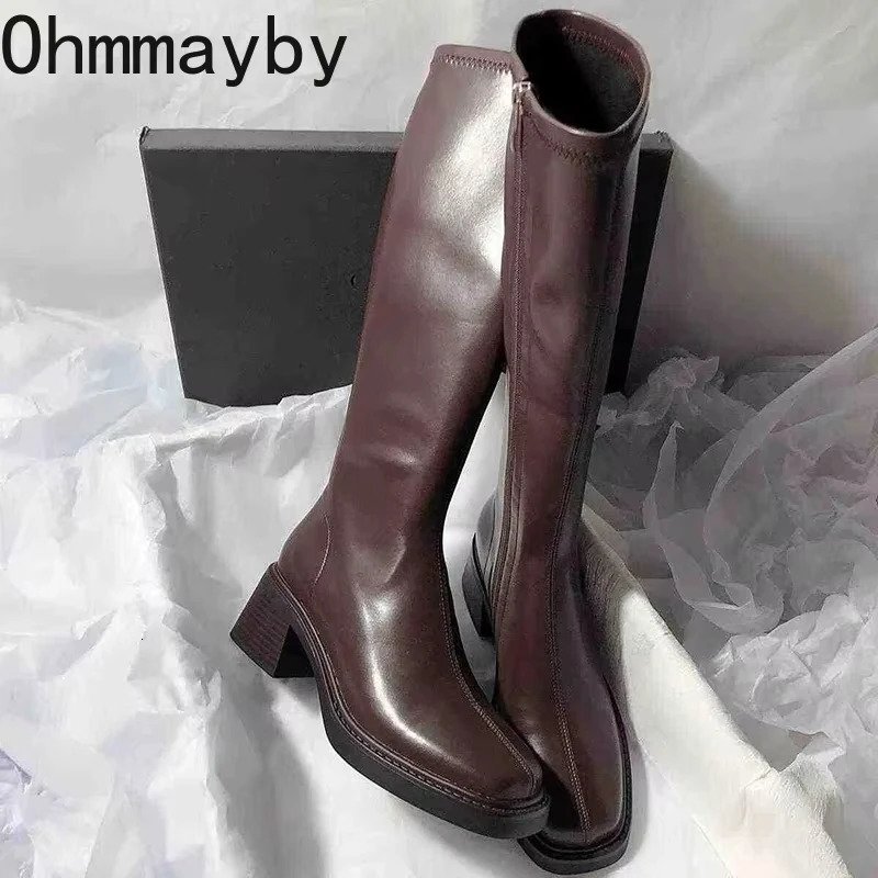 Vintage Thick Heel Women Knee High Boots Fashion Side Zippers Shoes Autumn Winter Ladies Concise Long Botas De Mujer 251110