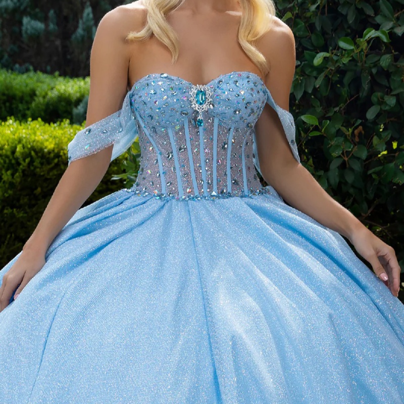 Sky Blue Shiny Princess Quinceanera Dresses Off Shoulder Beading Crystal Tull Corset Sweet 16 Dress Ball Gown Vestidos 15 Anos