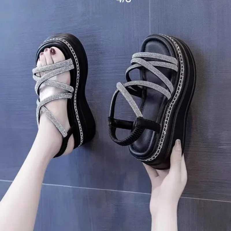 Hot womens platform shiny sandals new summer 7.5CM high heels womens crystal wedge beach walking shoes slippers sandalsXJ250410