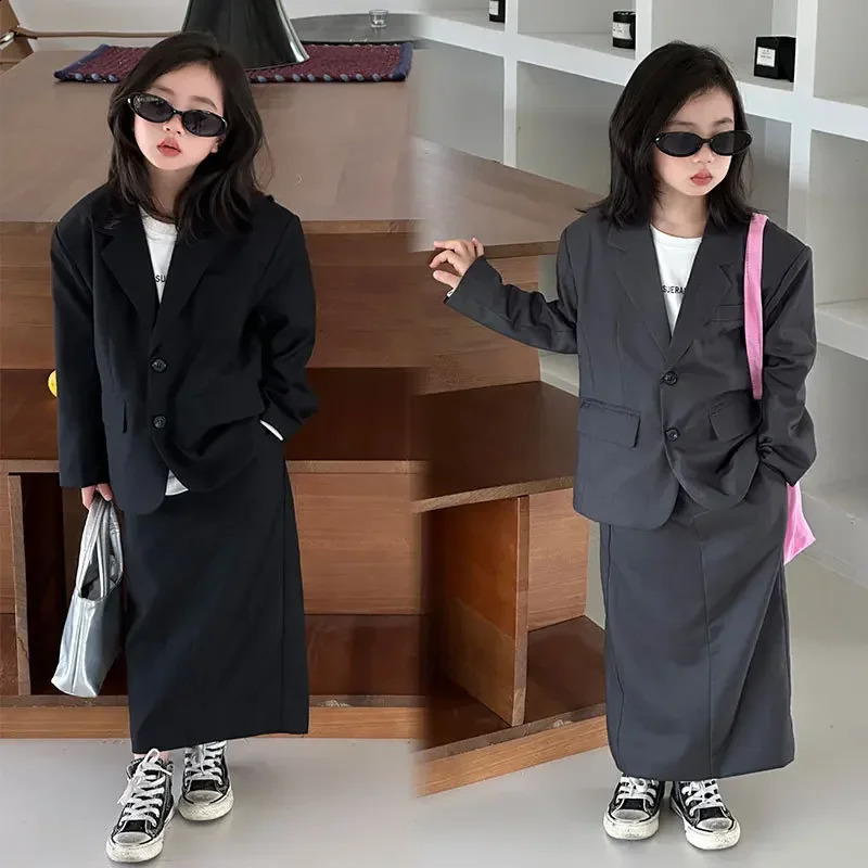 Girls Grey Suit Autumn Casual Loose Blazer Skirt Two Pieces School Uniform for Kids Wedding Party Formal Costumes 2-13 Year 250410