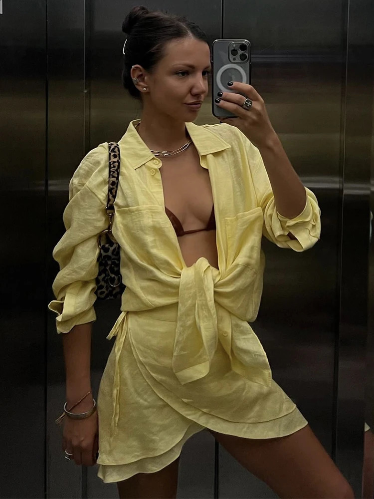 Trendix Vacation Beach Cover Up Sets Women Long Sleeve Loose Blouse And Holiday Casual Party Fashion Mini Skirts 2 Piece Suits 250409