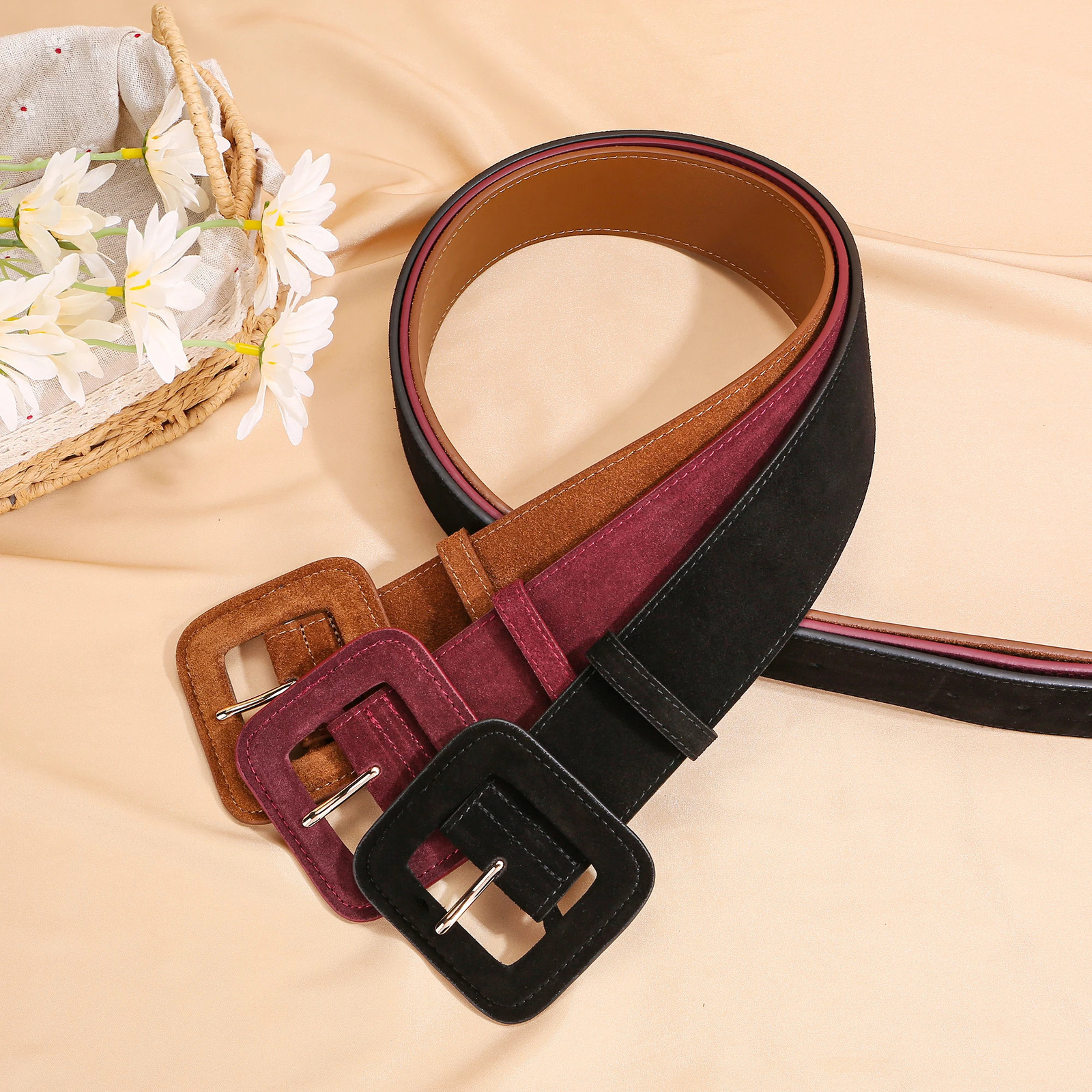 Fashion 48 width womens belt cowhide Suede Stitched Edge Self-Covered Buckle Belt suitable for coat decoration 251110
