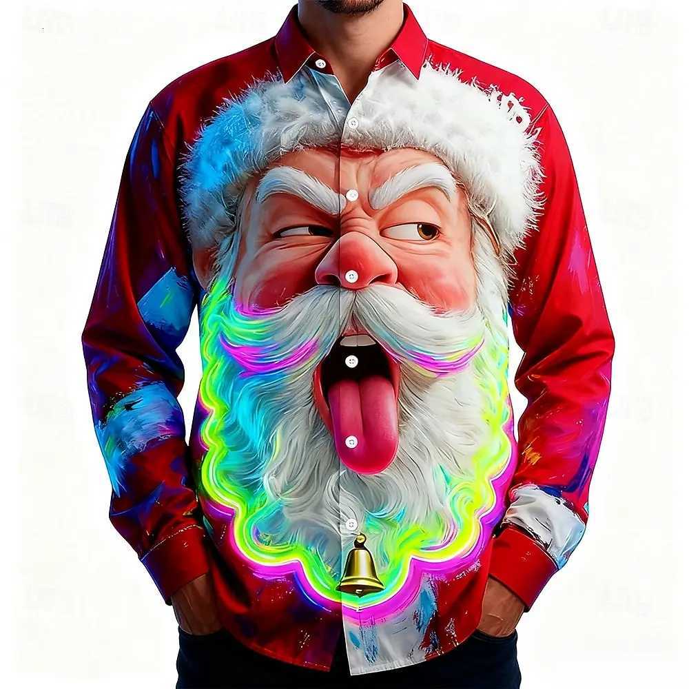 Christmas Mens 3D Graphic Long SleeveStreet Style Fashion Santa Claus Smile Face Print Design2025 Autumn Neon Glow Shirt K251110