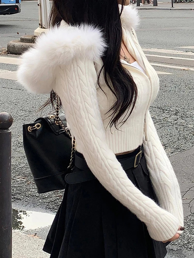 IAMSURE Sweet Fur Decorative Hooded Knitted Open Woolen Sweater Ultra Thin Zipper Long Sleeve for Women 2023 AutumnWinter Fashion 250407