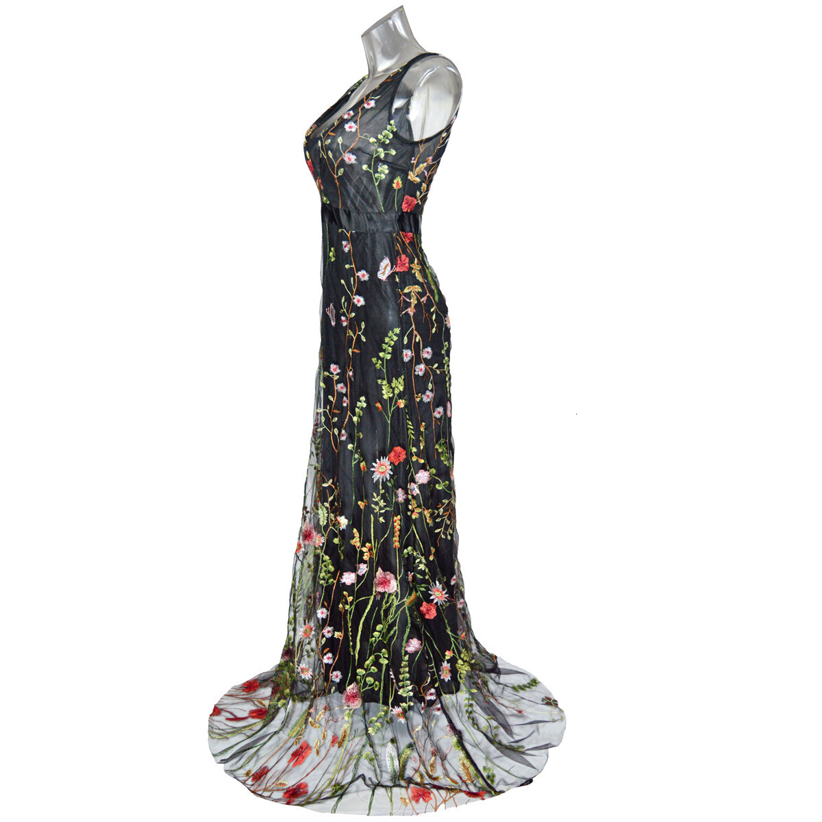 Sexy Deep V Sleeveless Embroidered Slim Fit Open Back Ball Long Dress