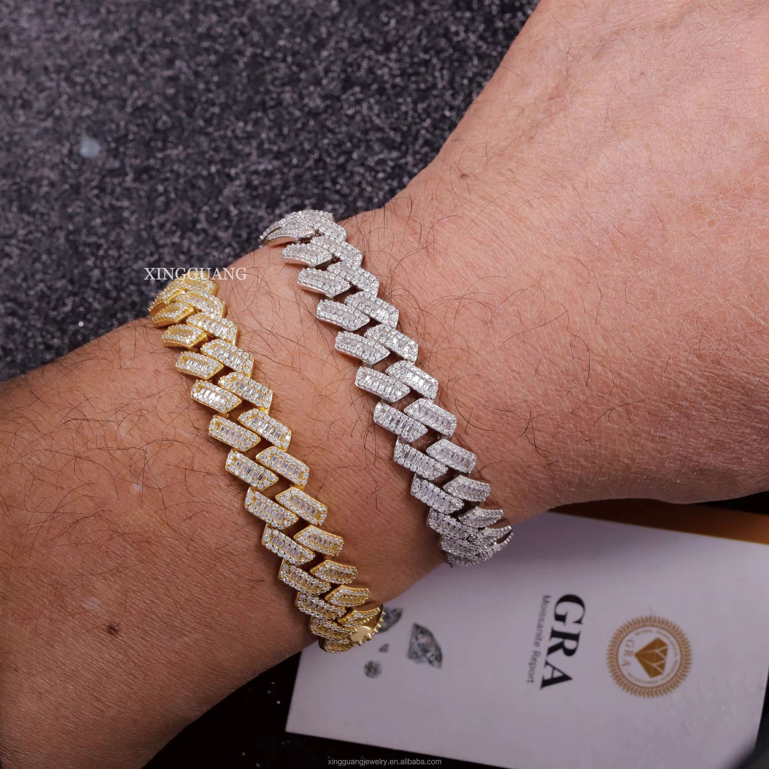 Pass Diamond Tester Hip Hop 13mm Width Iced Out Baguette Moissanite Silver with Gold Plated Cuban Link Chain Bracelet for Men