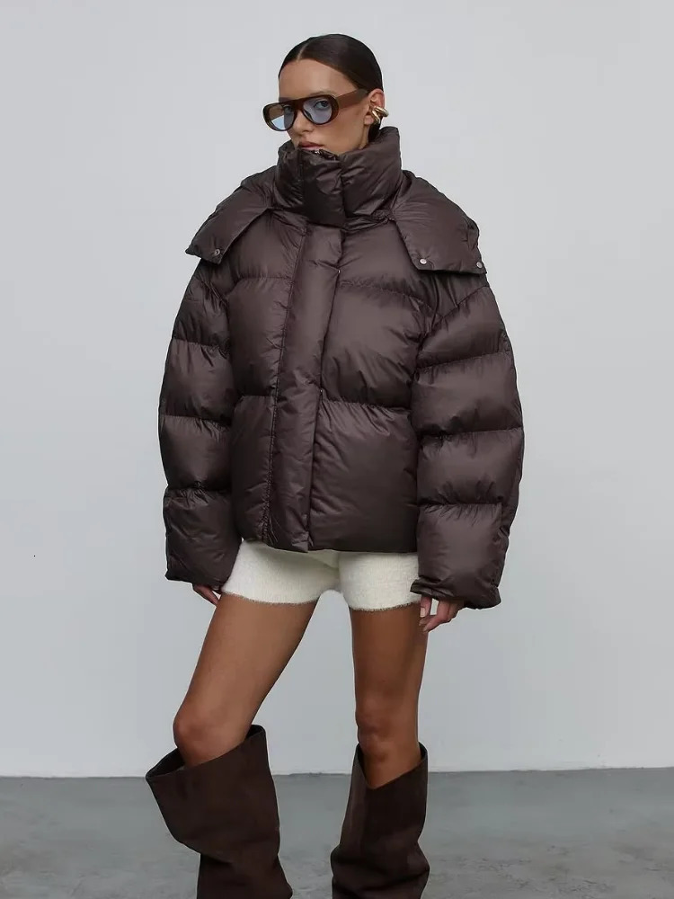 Casual Hooded Cotton Coat Women Brown Stand Collar Zipper Pocket Short Loose Jacket Winter Lady Warm Daily Commuter Outwear 251106