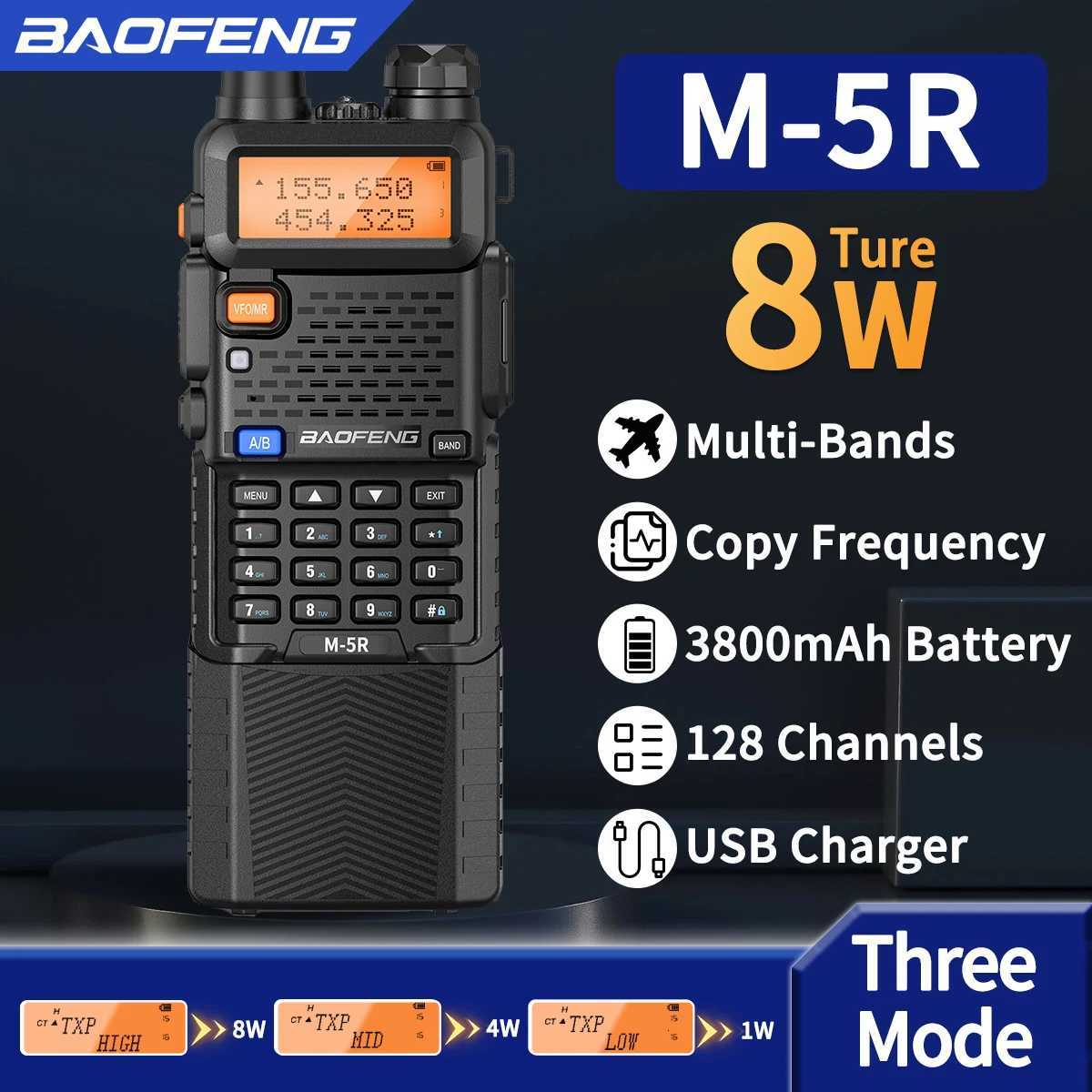 2X BAOFENG M-5R 8W Walkie Talkie 3800mAh Battery Mti Band AM Type-C USB Copy Upgraded UV-5R UV5R Long Range Two Way Ham Ra H251111